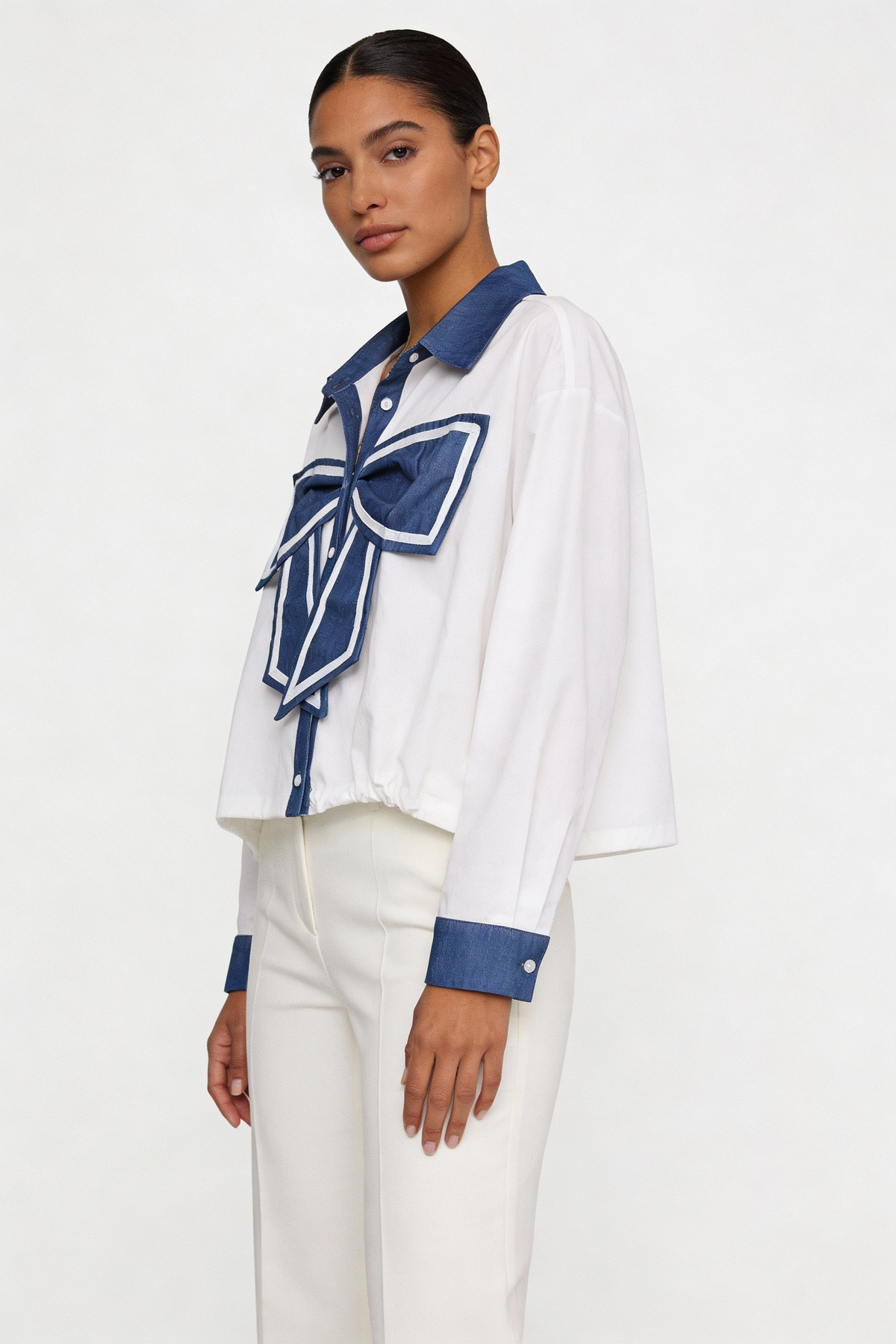 Contrast Denim Bow Accent Shirt