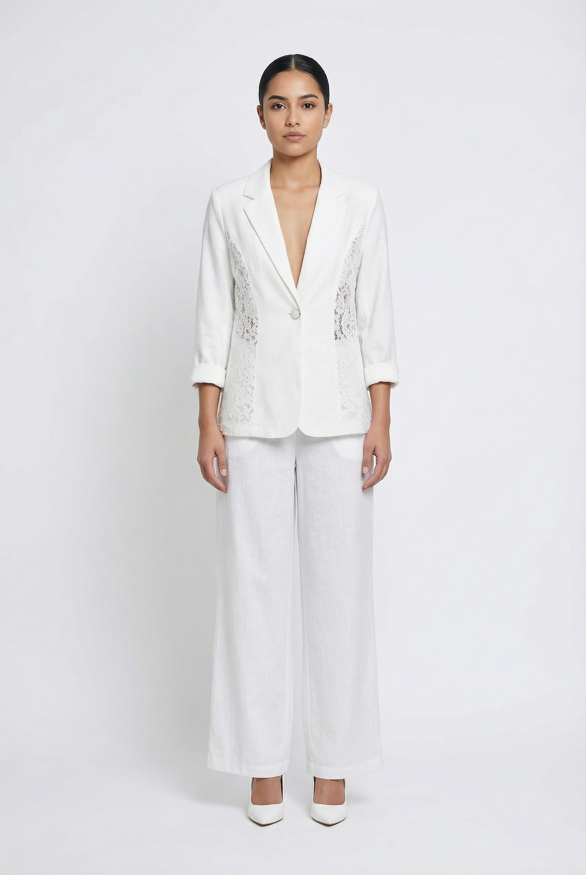 Lace Panel Single-Button Blazer Set