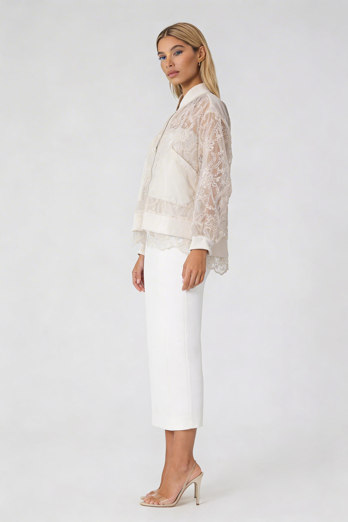 Sheer Floral Lace Bomber Jacket