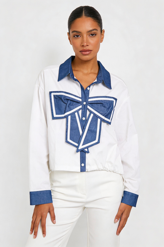 Contrast Denim Bow Accent Shirt