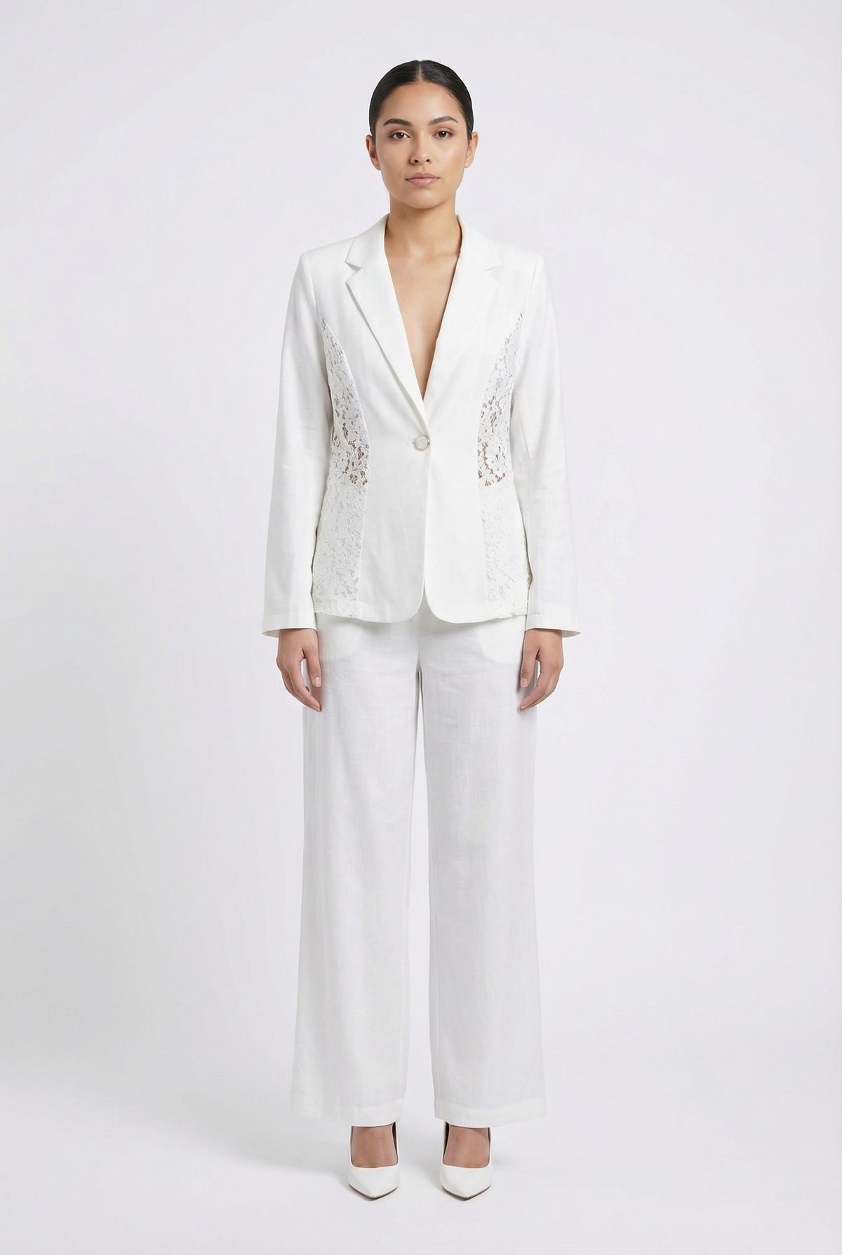 Lace Panel Single-Button Blazer Set