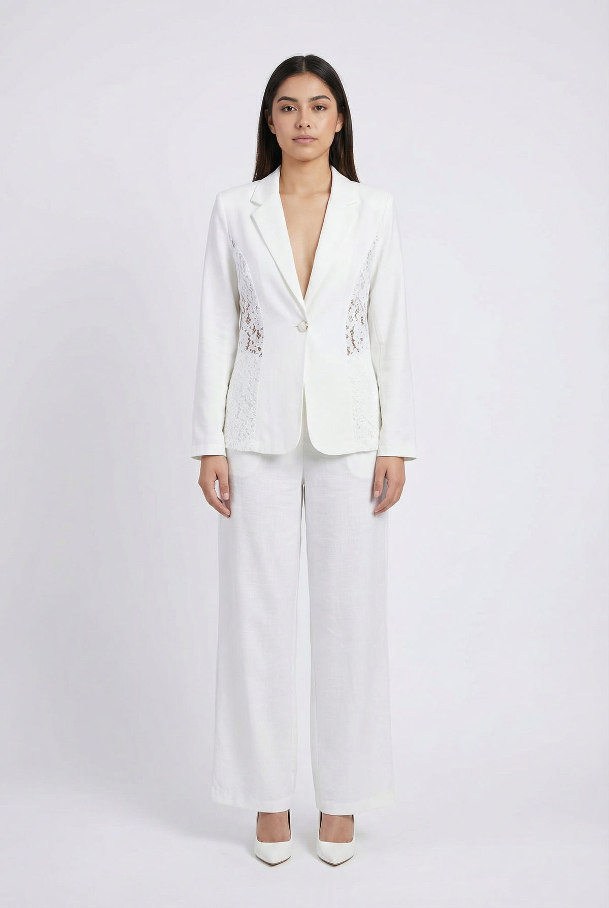 Lace Panel Single-Button Blazer Set