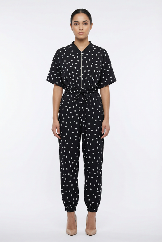 Polka Dot Zip-Front Jogger Jumpsuit