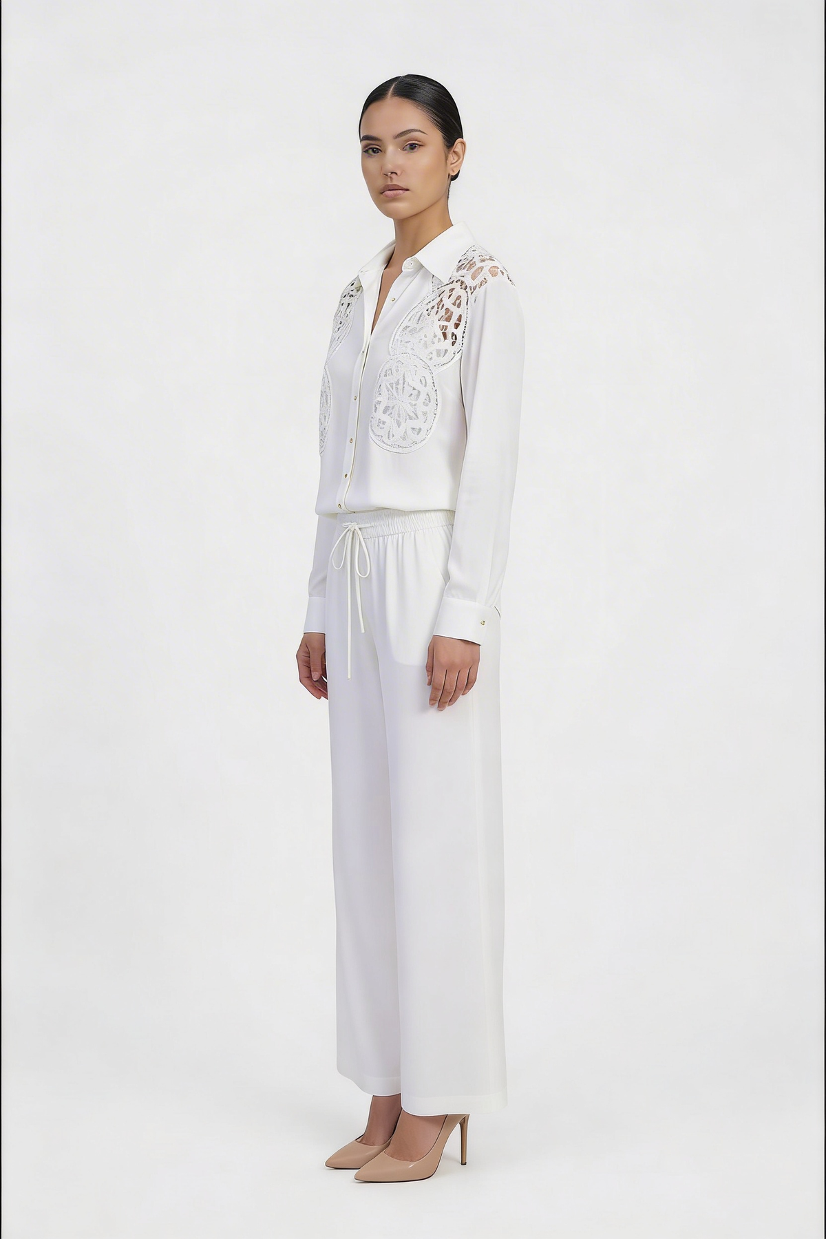 Crochet Lace Insert Cotton Shirt & Pant Set