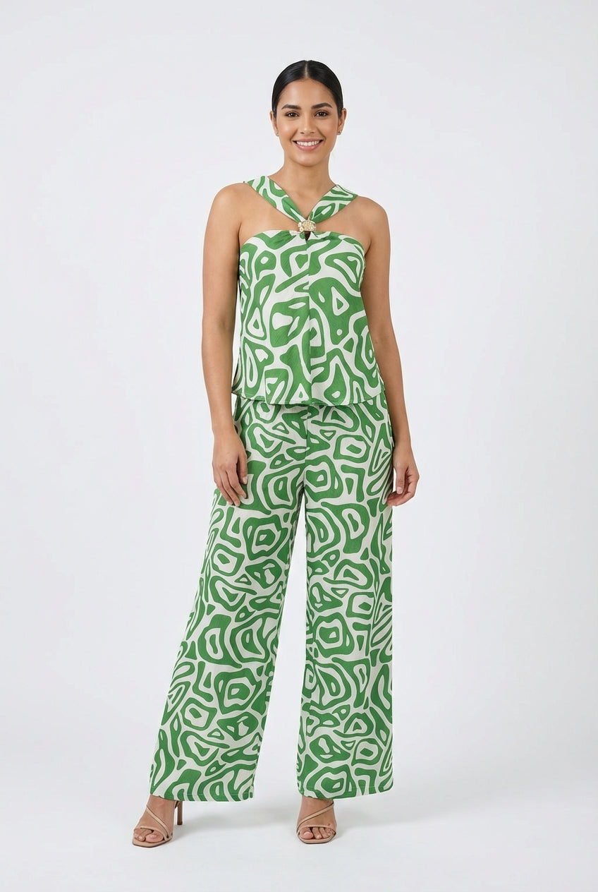 Abstract Geometric Halter & Wide-Leg Pant Set