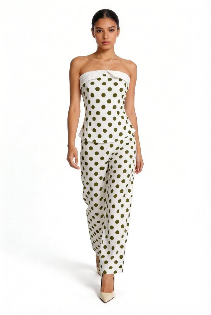 Polka Dot Strapless Peplum & Trouser Set