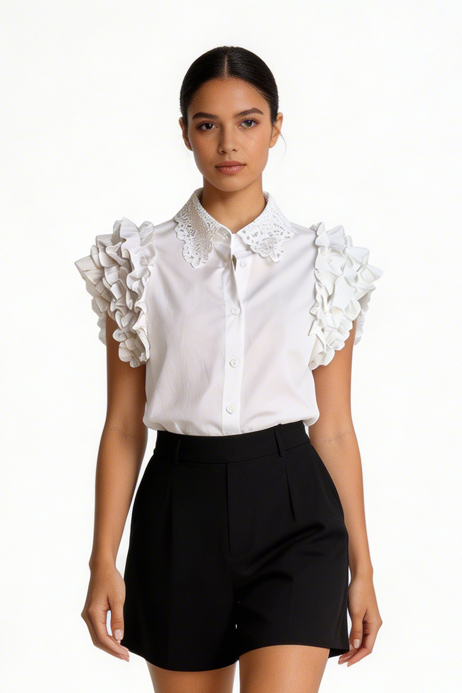 Embroidered Lace-Collar Ruffle Blouse
