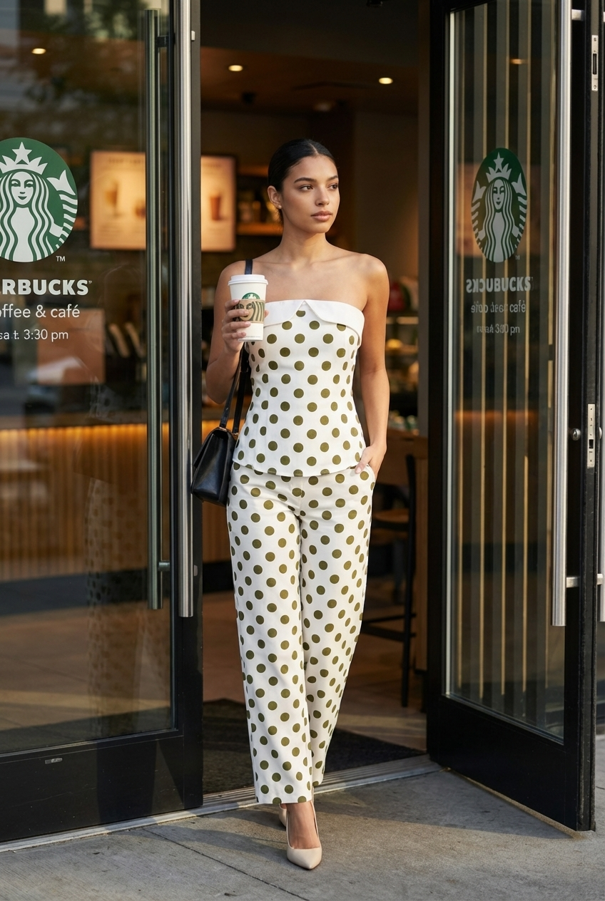 Polka Dot Strapless Peplum & Trouser Set