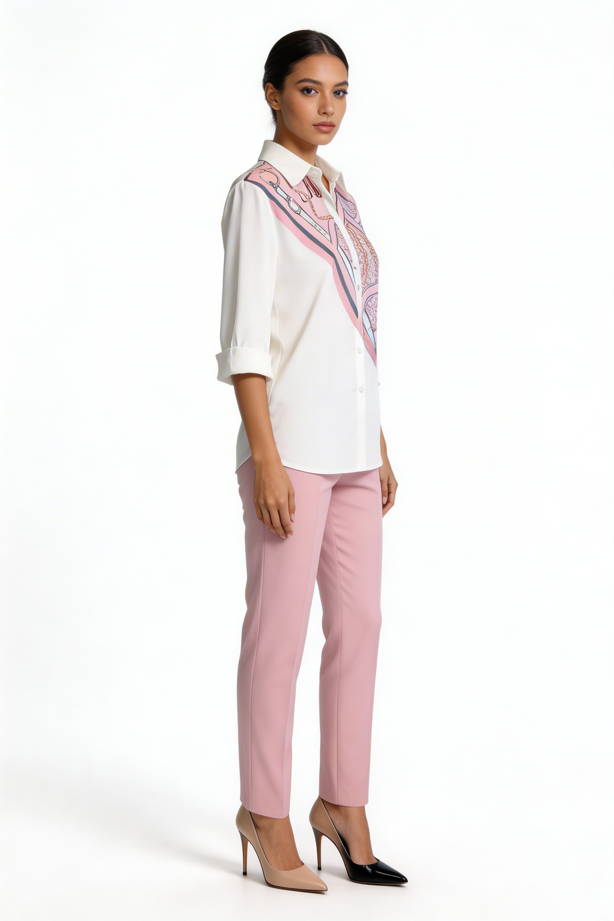 Mixed Print Scarf Panel Blouse