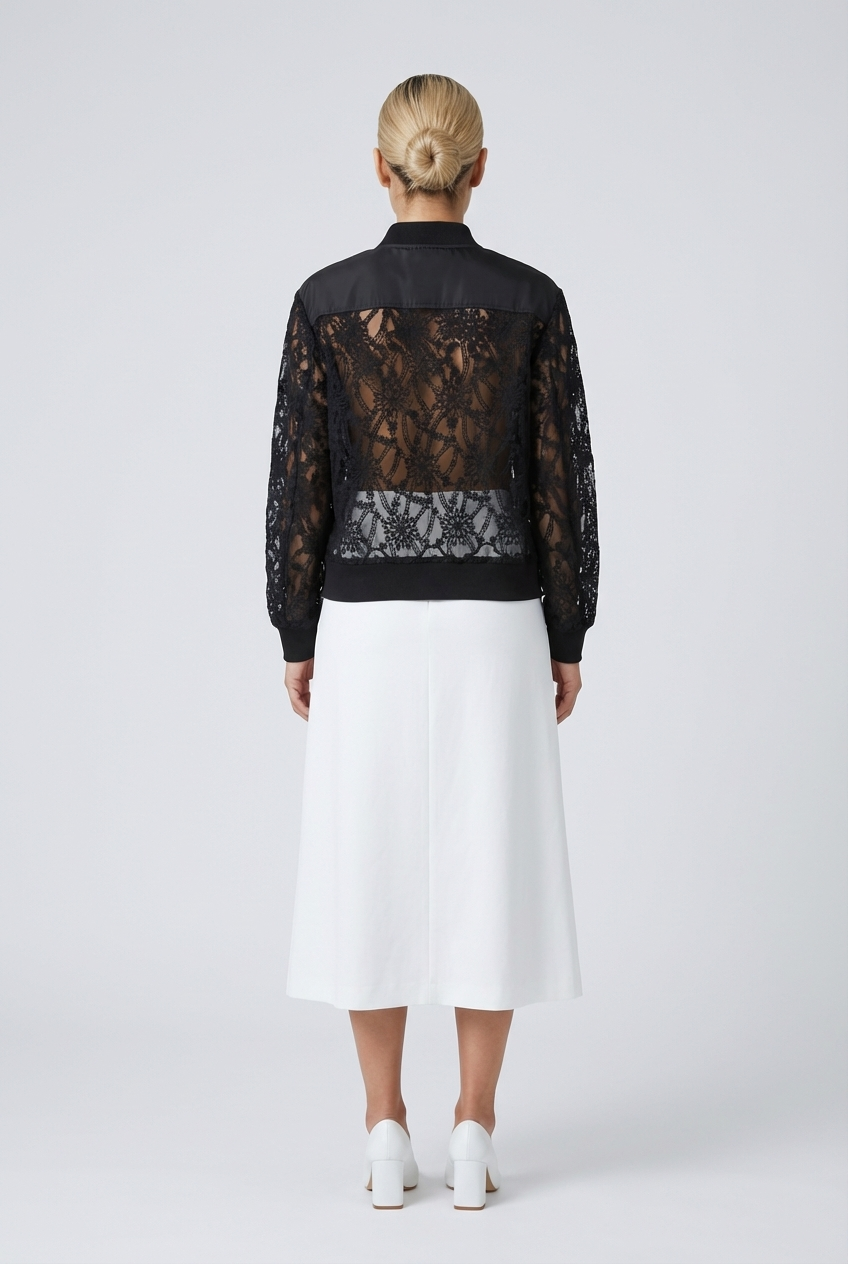 Sheer Floral Lace Bomber Jacket