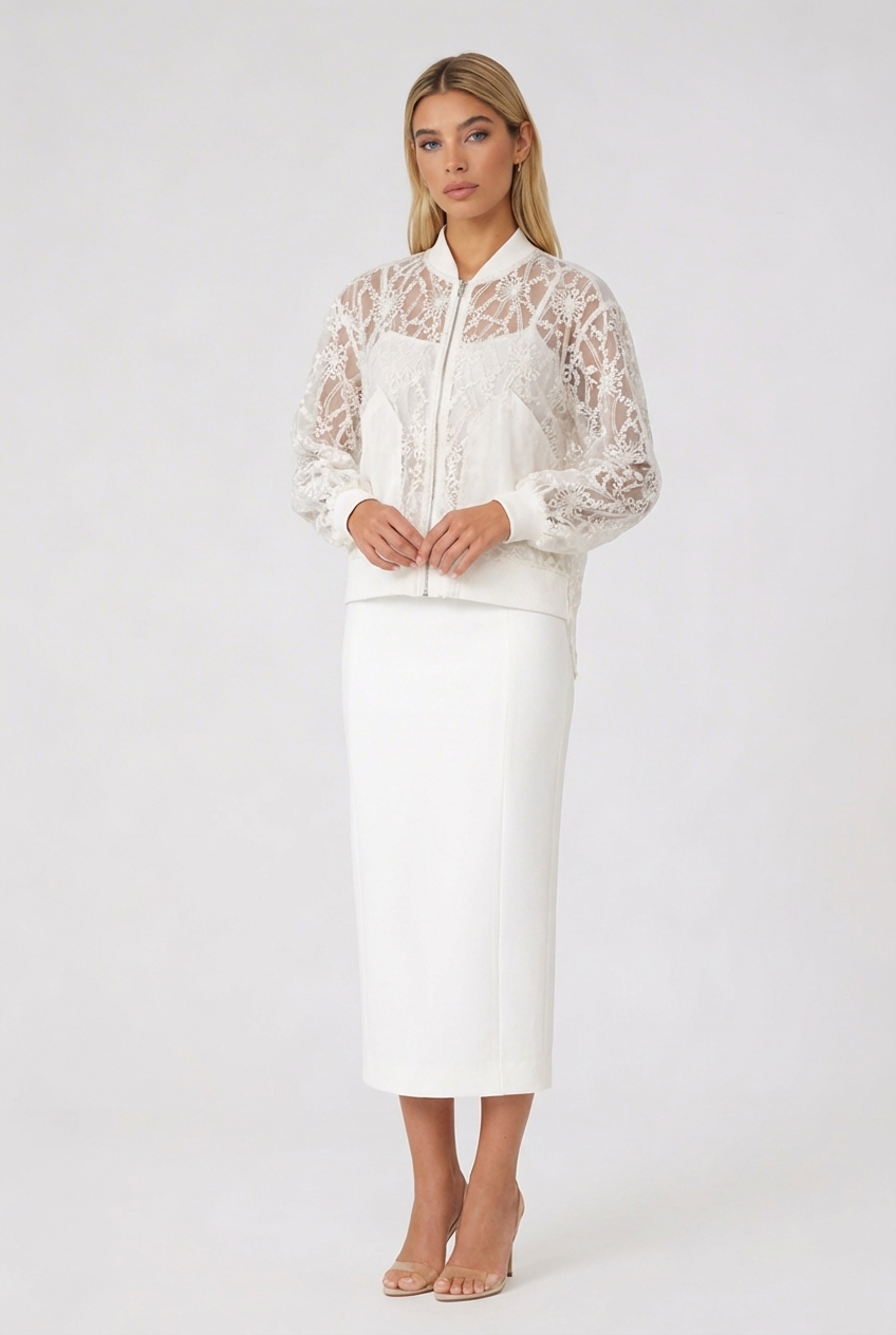 Sheer Floral Lace Bomber Jacket