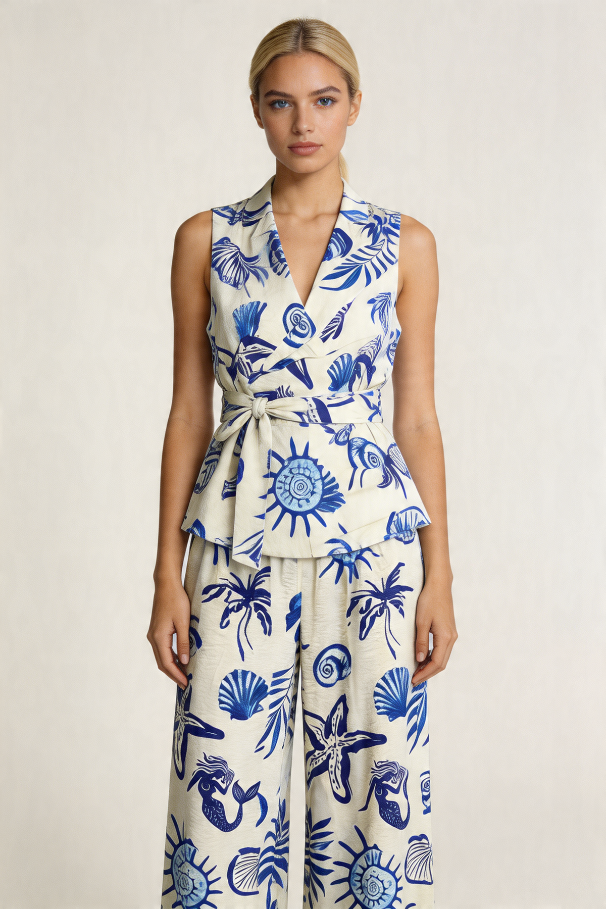 Coastal Motif Belted Vest Set
