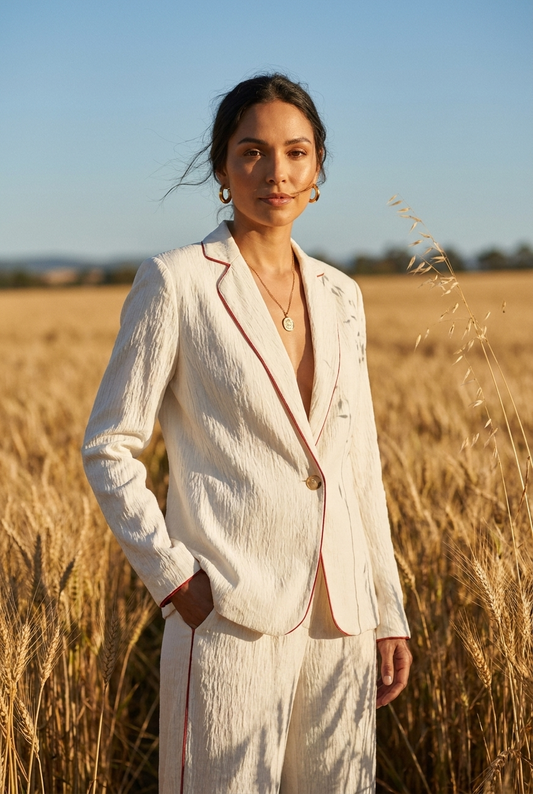 Textured Contrast-Piping Suit Set