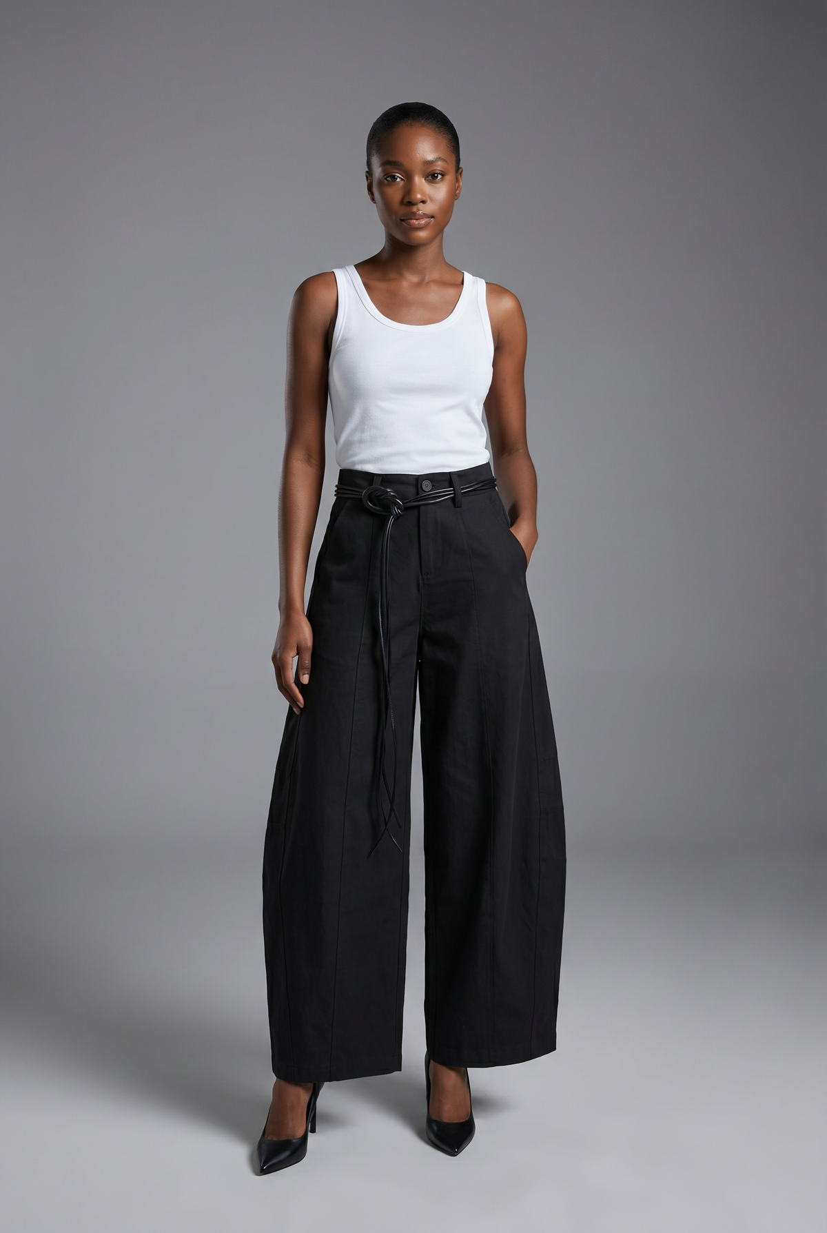 Belted Front-Seam Wide-Leg Trousers
