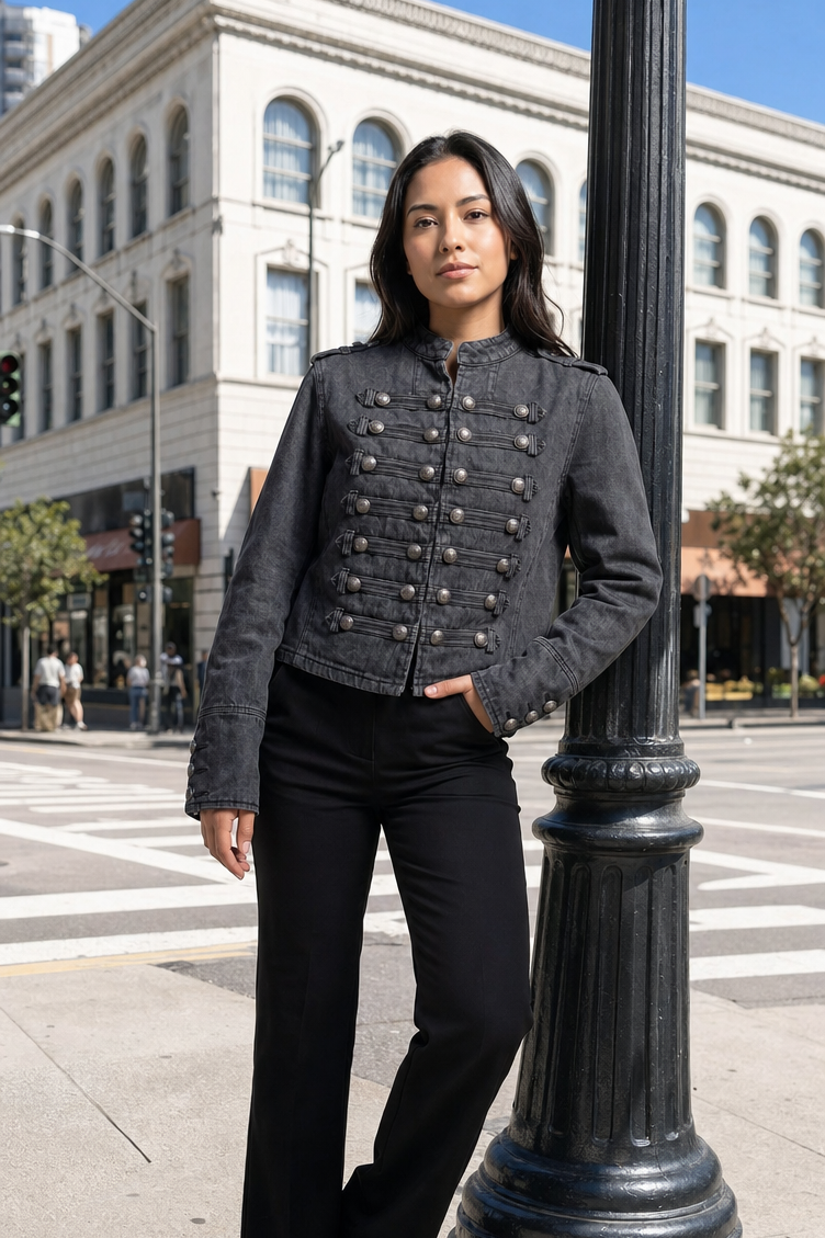 Vintage-Wash Military Denim Jacket