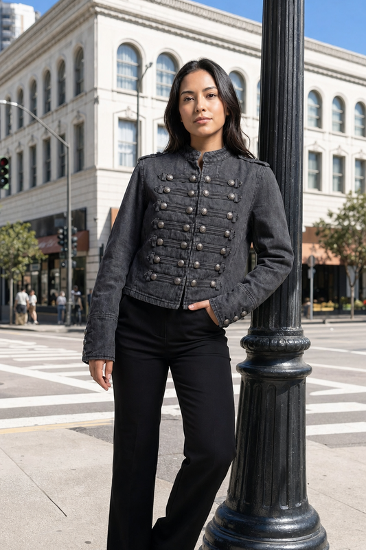 Vintage-Wash Military Denim Jacket