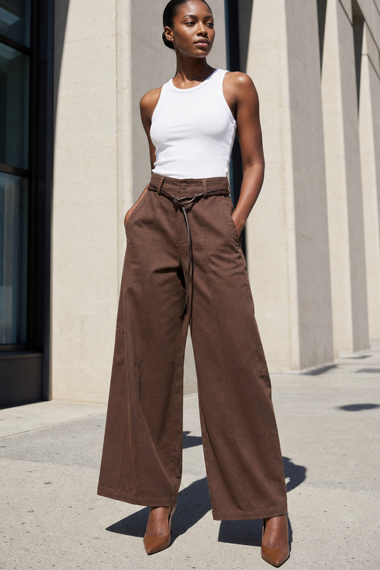 Belted Front-Seam Wide-Leg Trousers