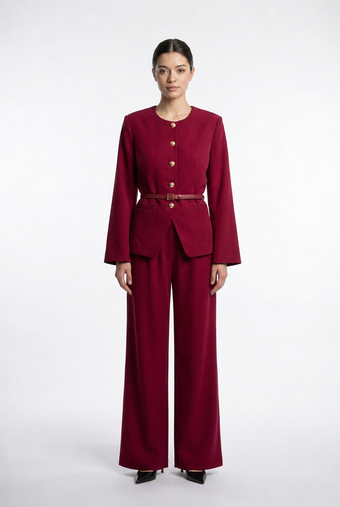 Collarless Belted Jacket & Trouser Set