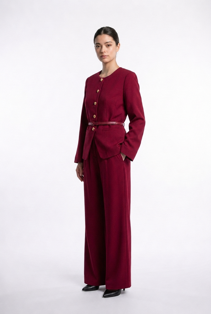 Collarless Belted Jacket & Trouser Set