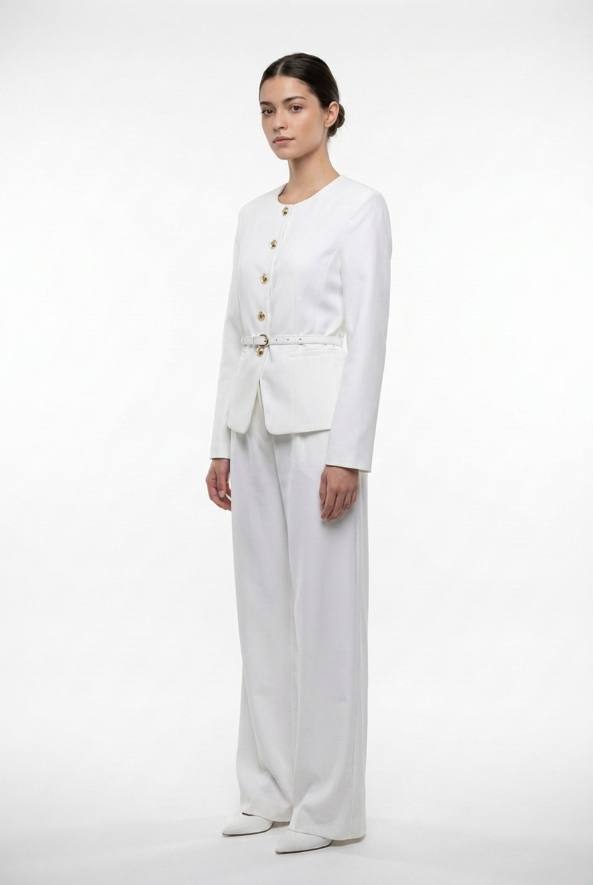 Collarless Belted Jacket & Trouser Set