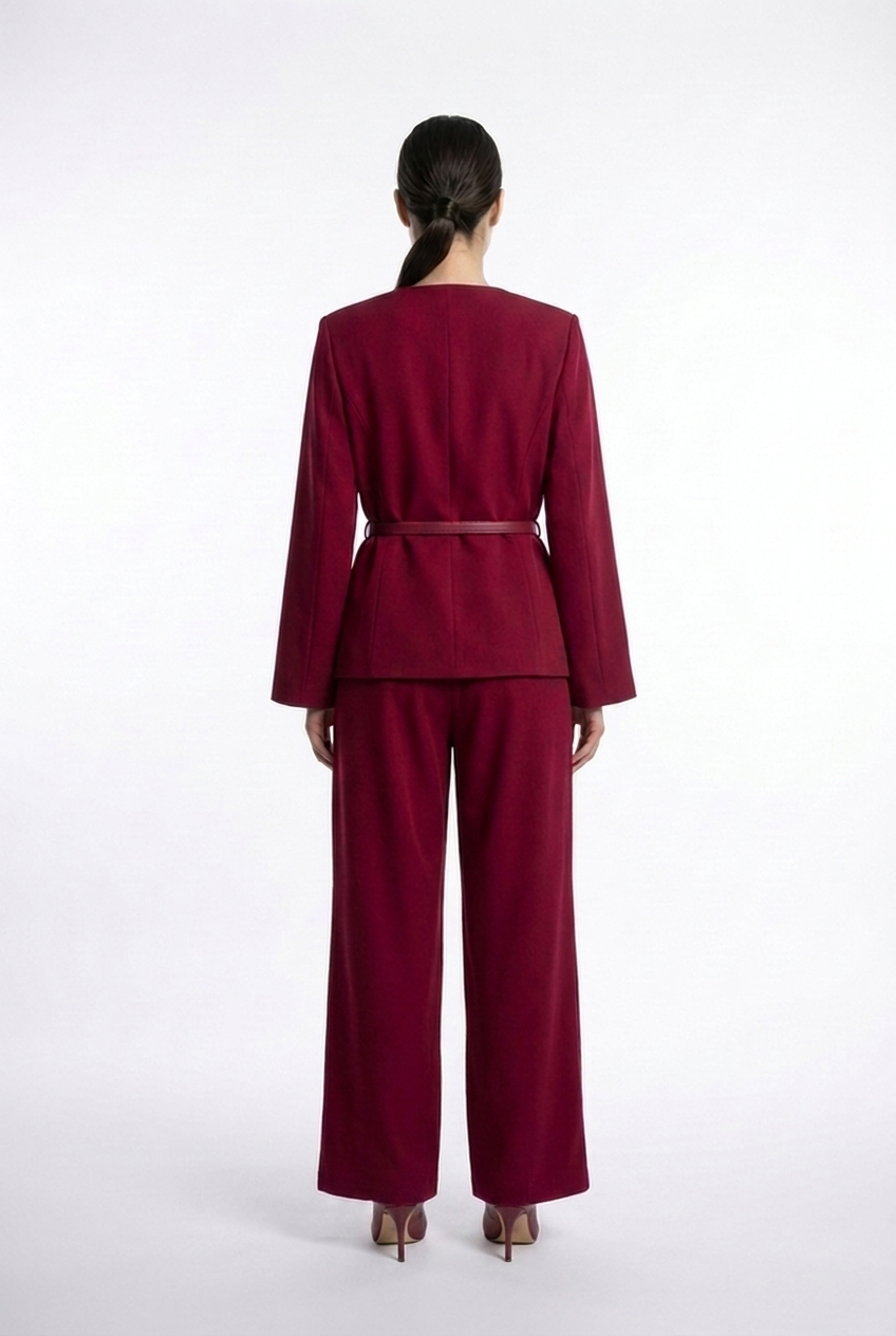 Collarless Belted Jacket & Trouser Set