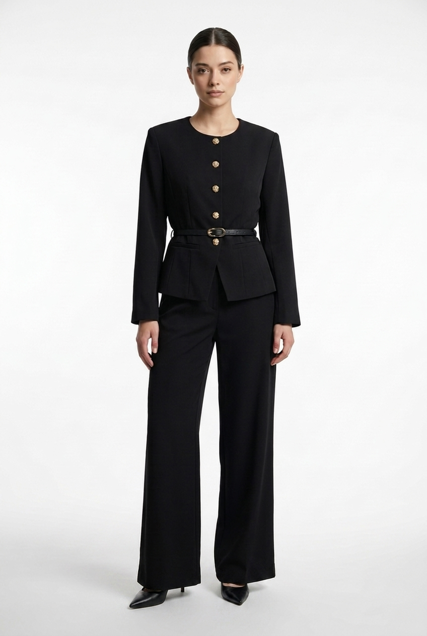 Collarless Belted Jacket & Trouser Set