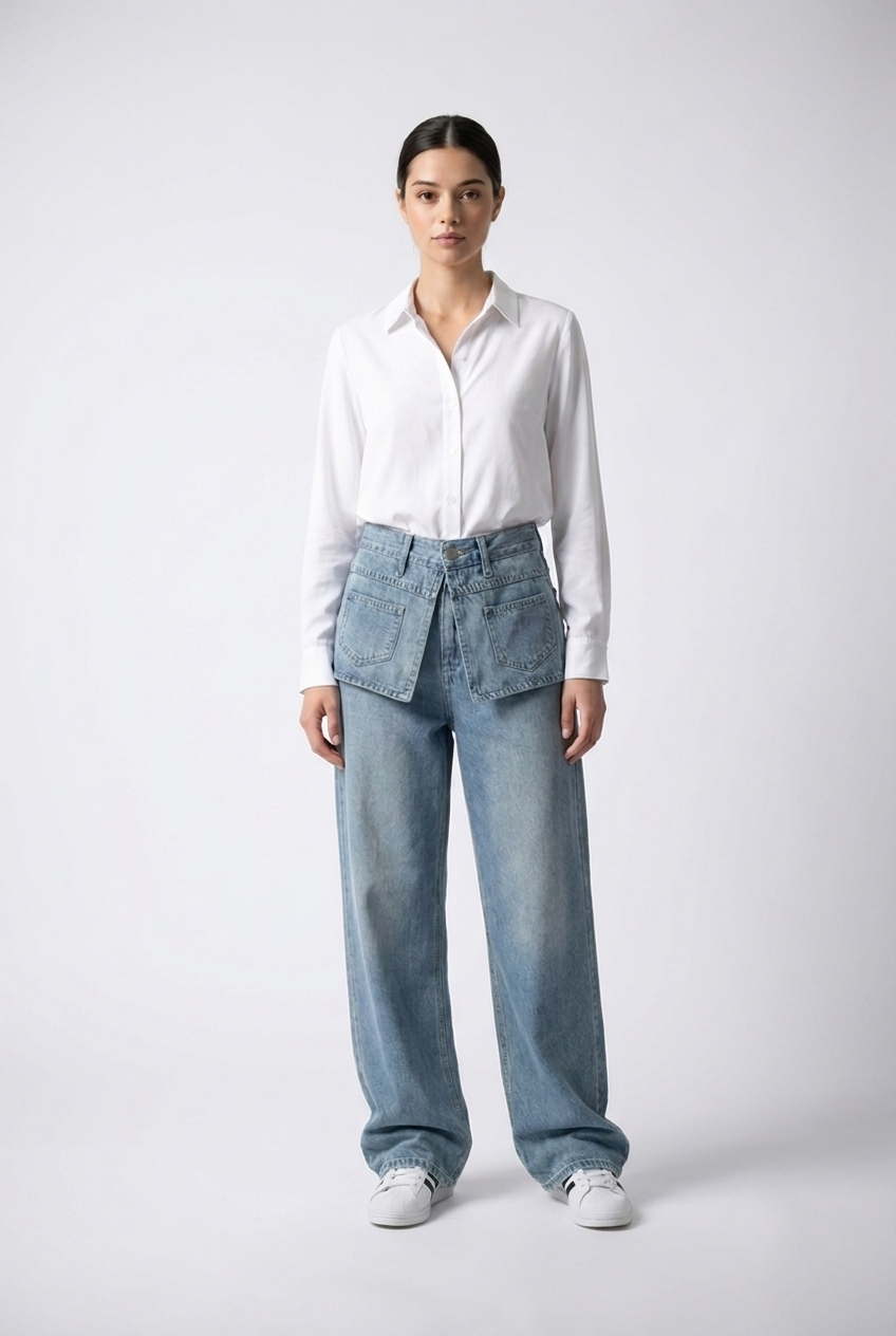 Layered Pocket Wide-Leg Jeans