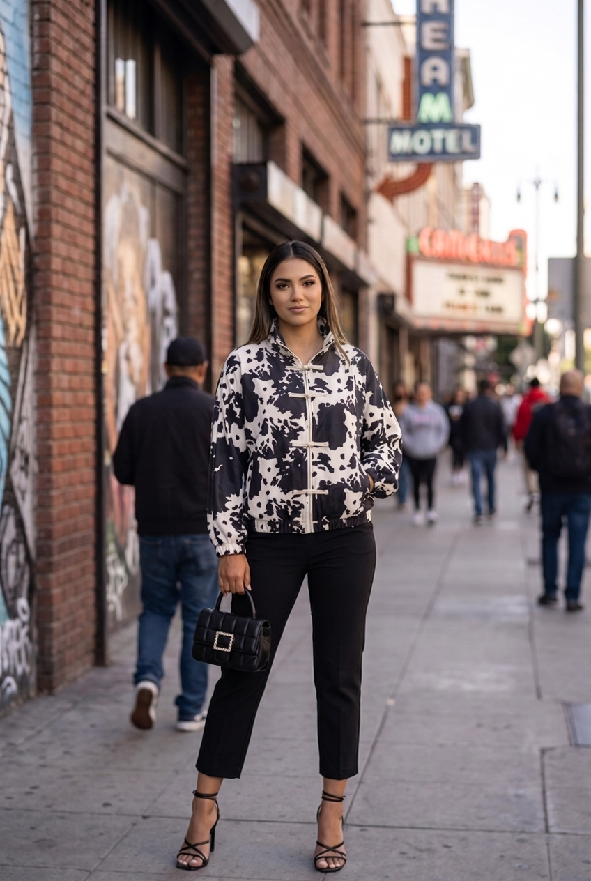Print Toggle-Front Bomber Jacket