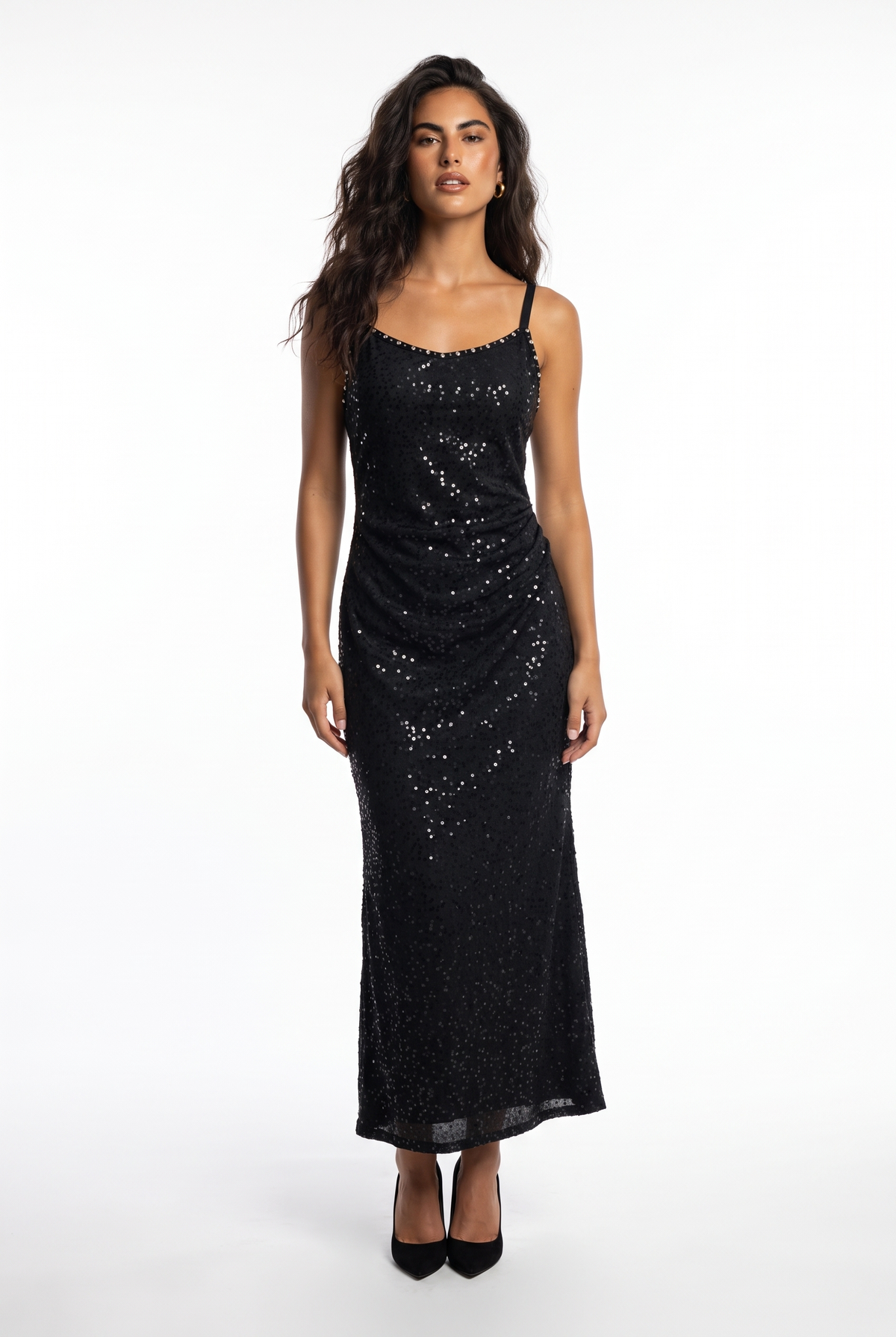 Embellished-Neck Sequin Slip Gown