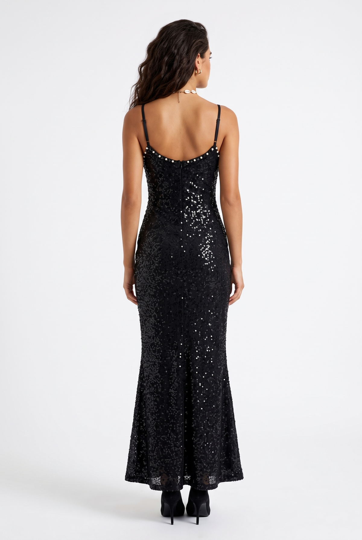 Embellished-Neck Sequin Slip Gown