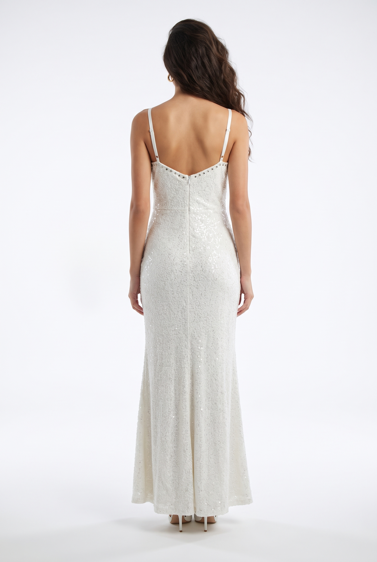 Embellished-Neck Sequin Slip Gown