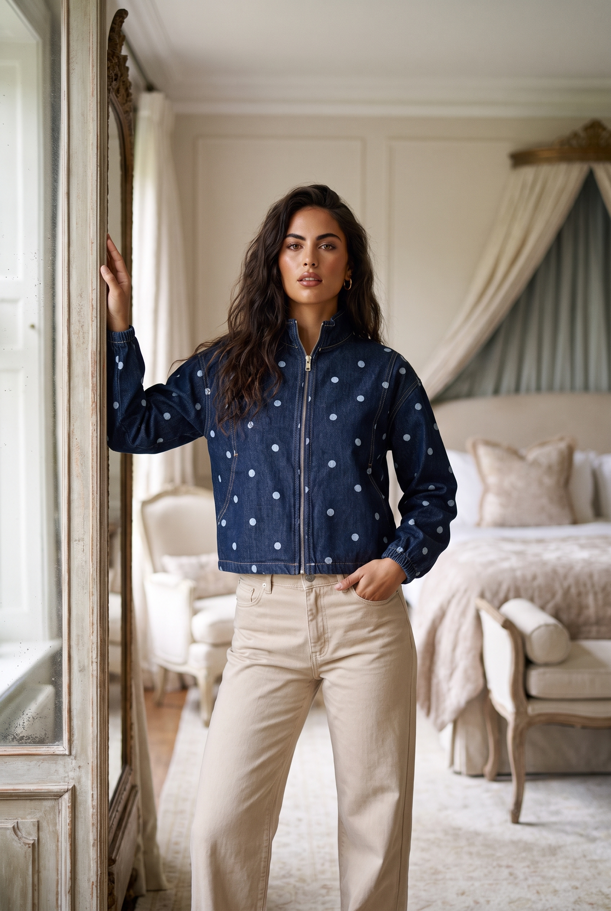 Polka Dot Denim Bomber Jacket