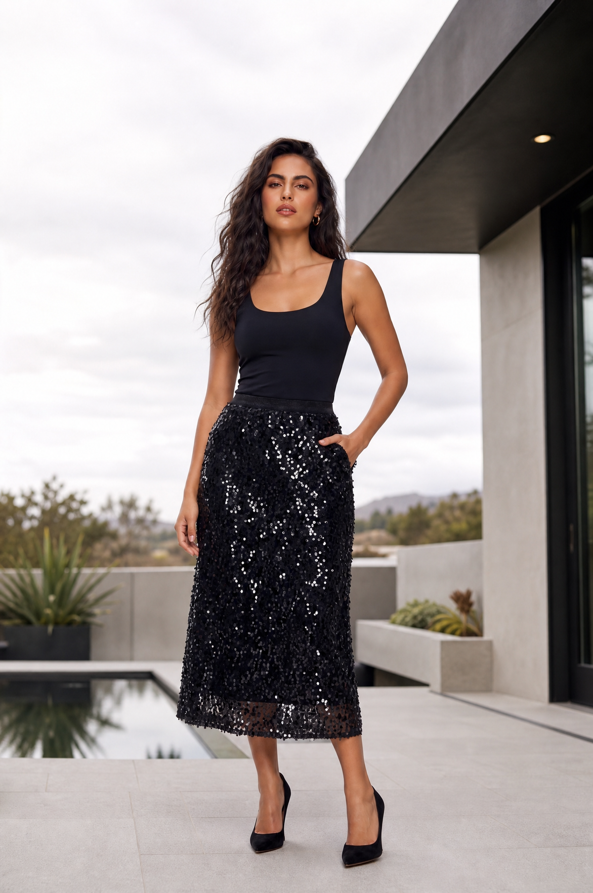 All-Over Sequin Midi Skirt