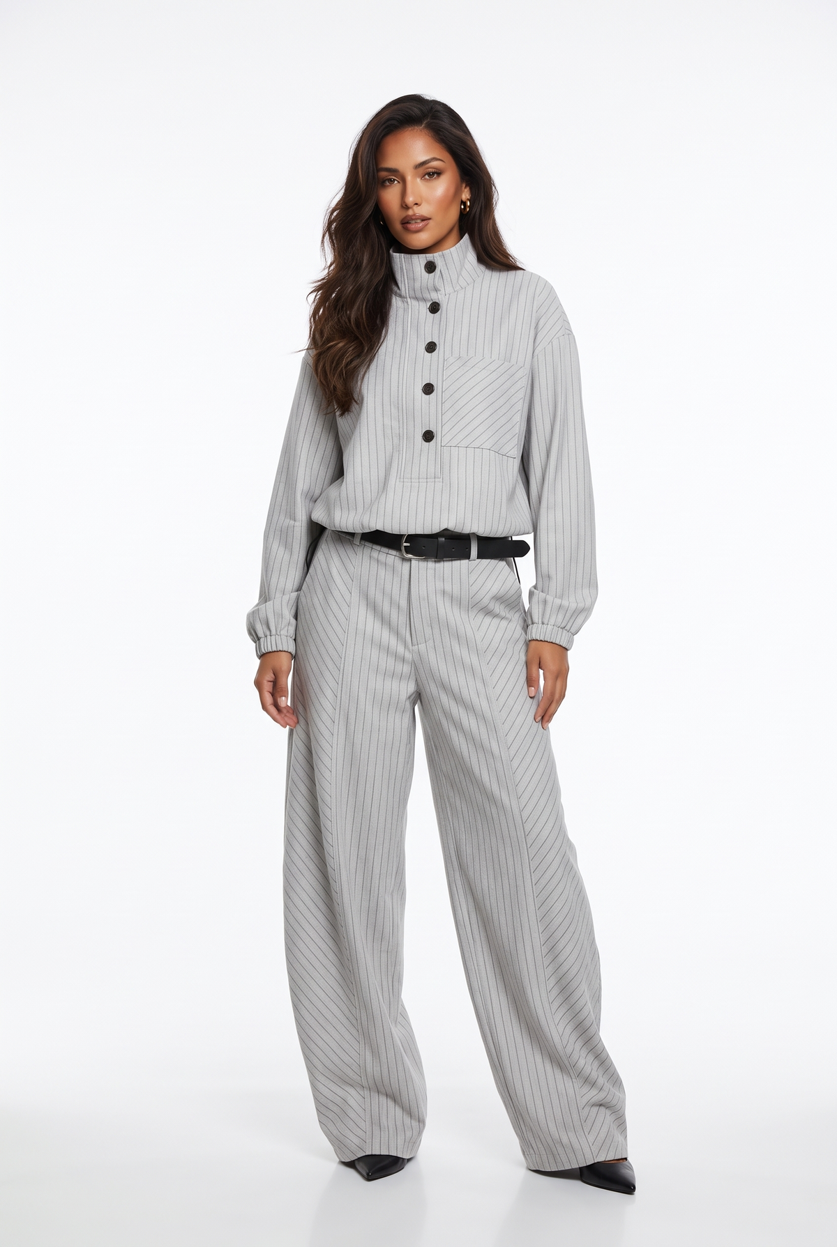 Pinstripe Mock-Neck Tailored Set