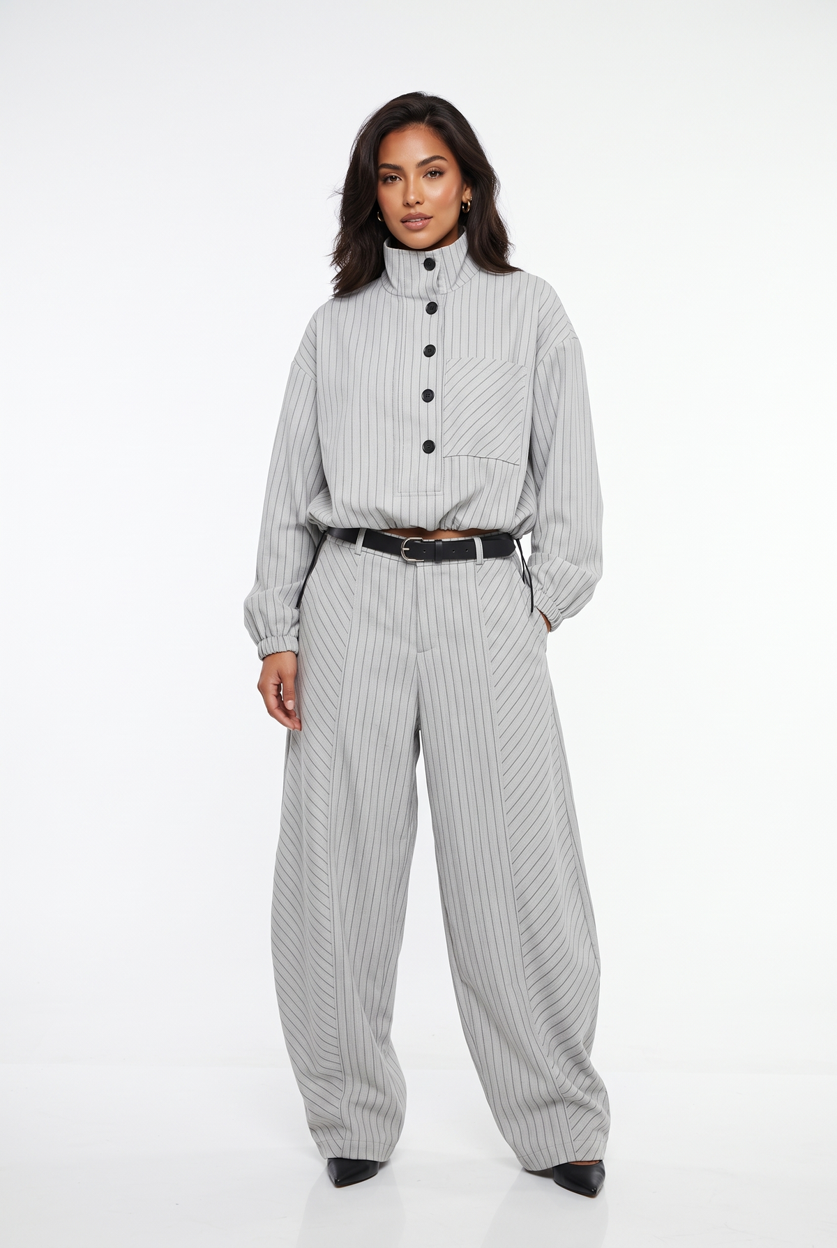 Pinstripe Mock-Neck Tailored Set