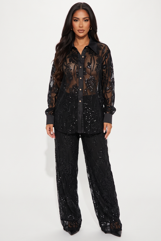 Sheer Floral Sequin Mesh Set
