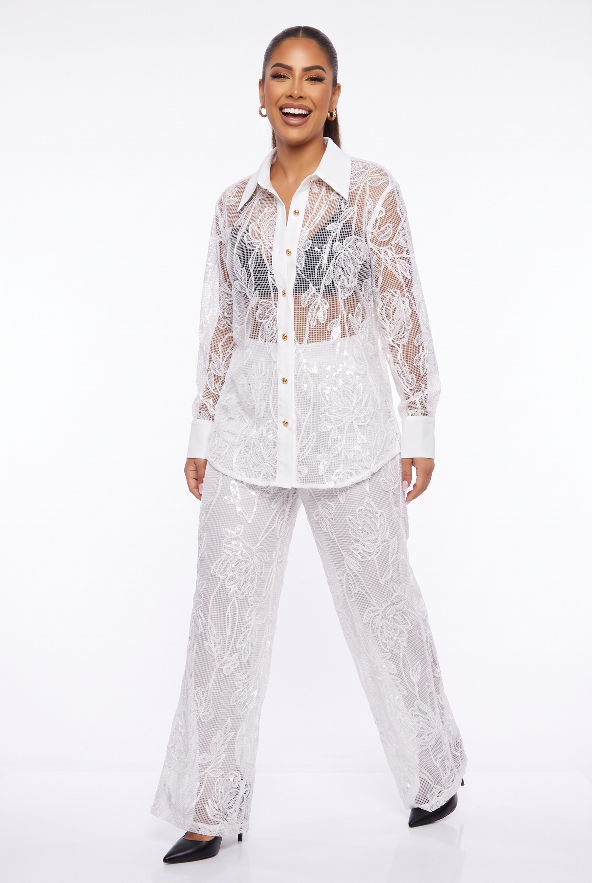 Sheer Floral Sequin Mesh Set