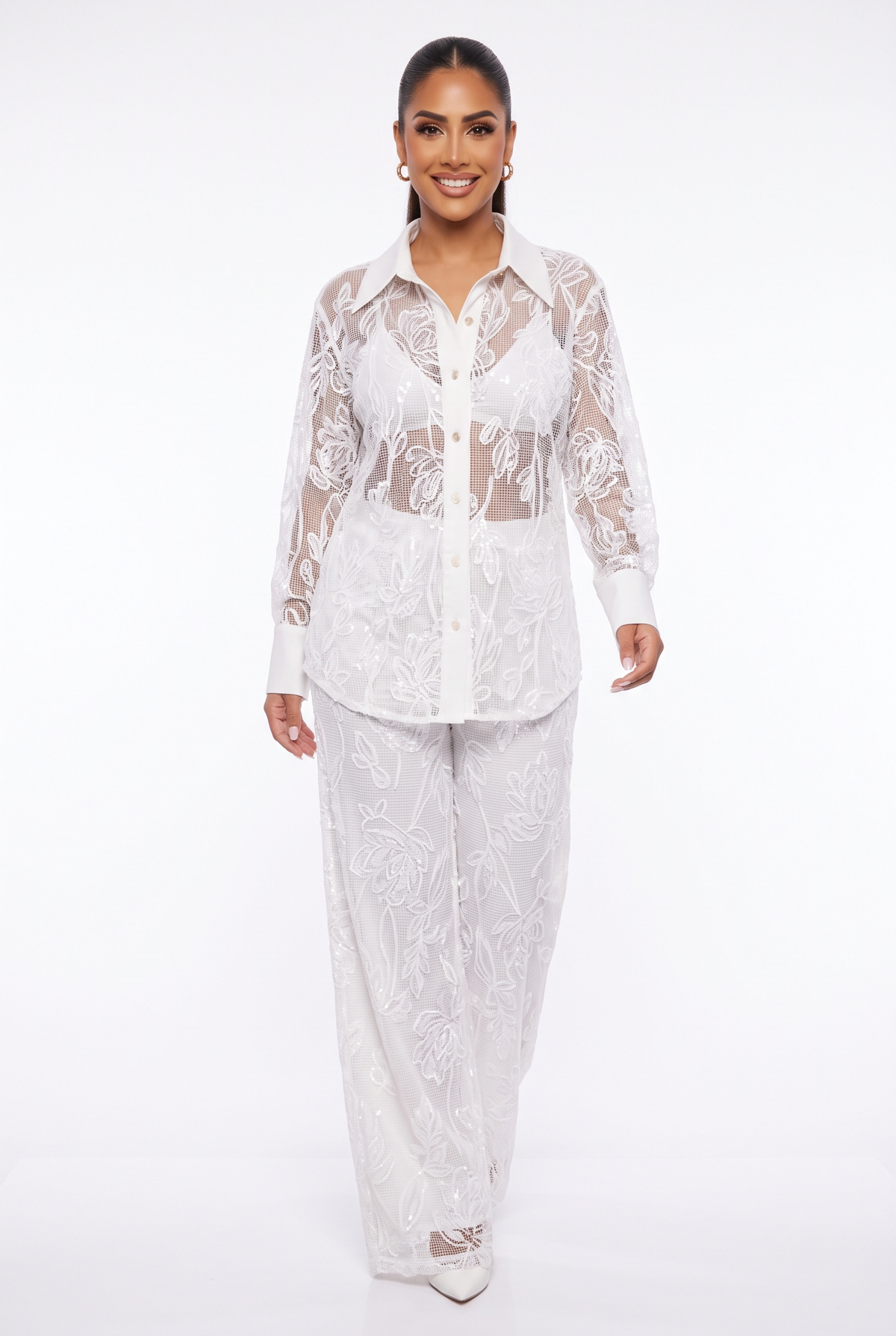 Sheer Floral Sequin Mesh Set